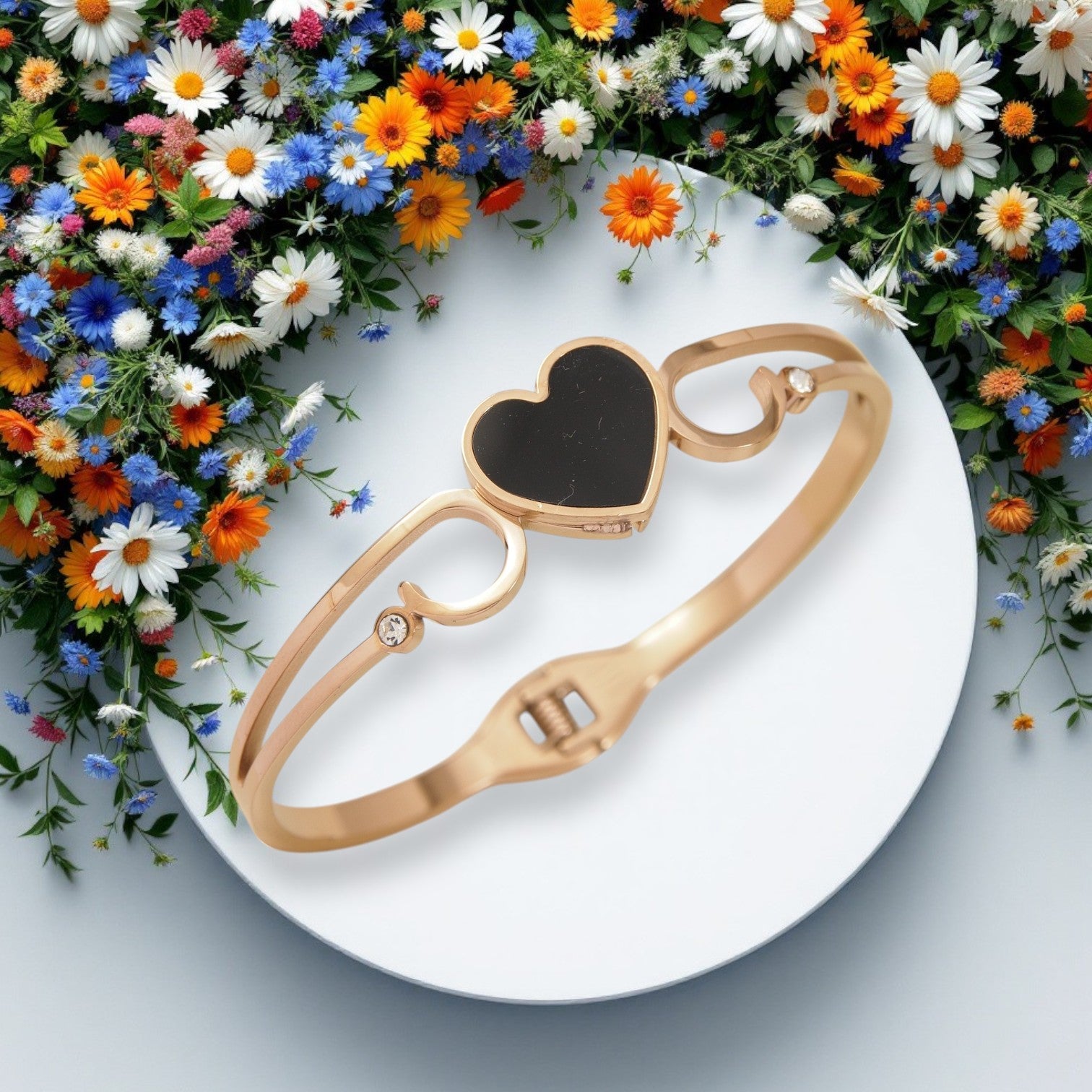 Rose Gold Black Heart Shape Bangle Bracelet