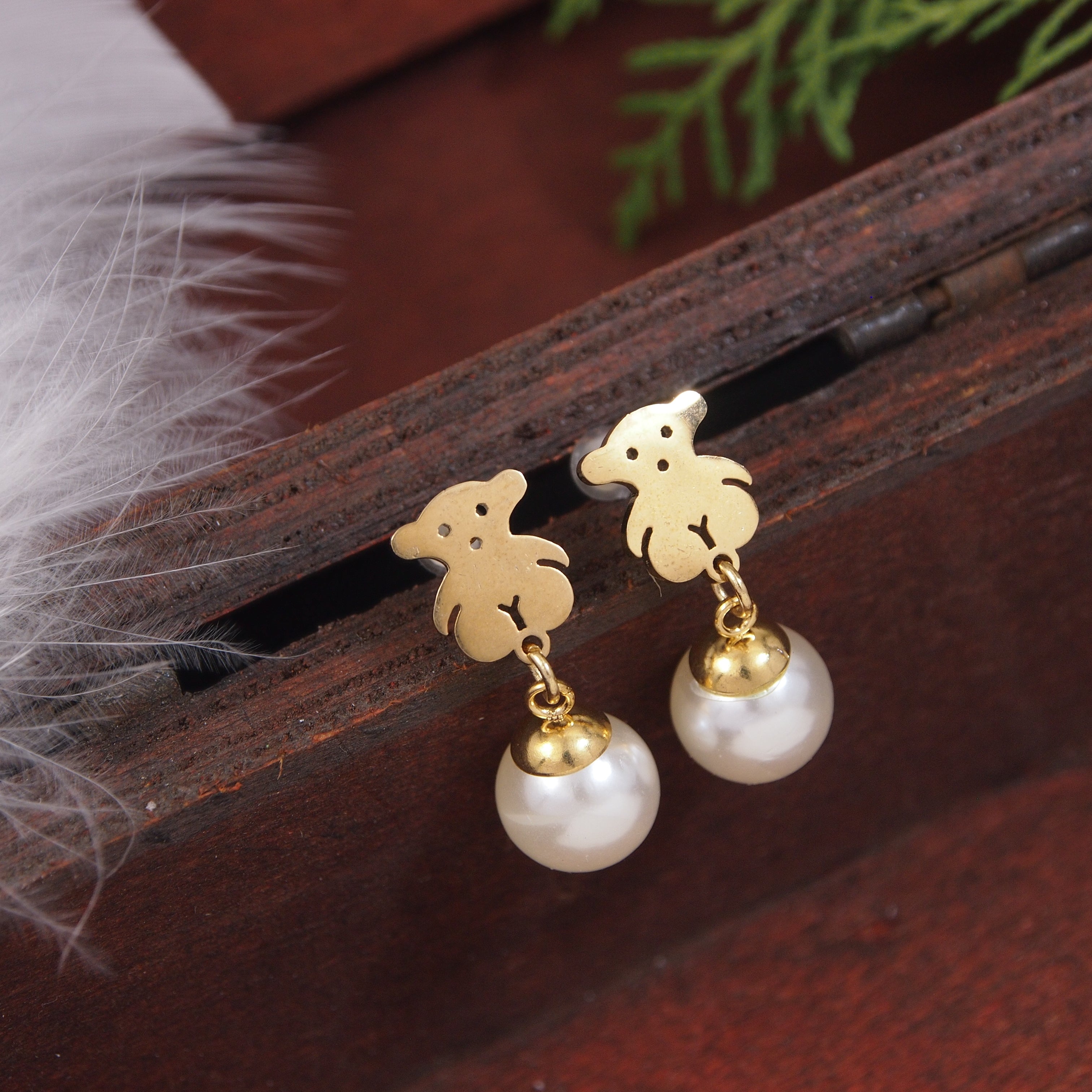 Cute Puppy with Pearl Drop Earrings