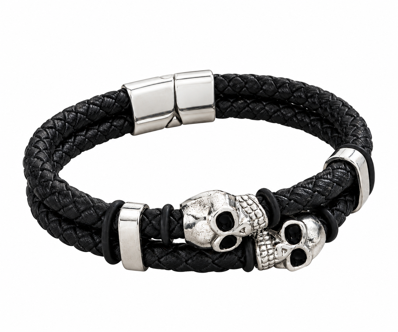 Black Braided Leather Skull Charm Bracelet