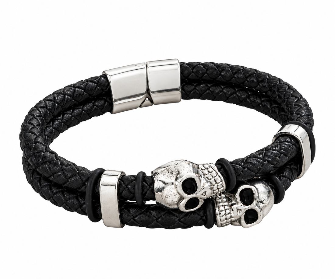 Black Braided Leather Skull Charm Bracelet