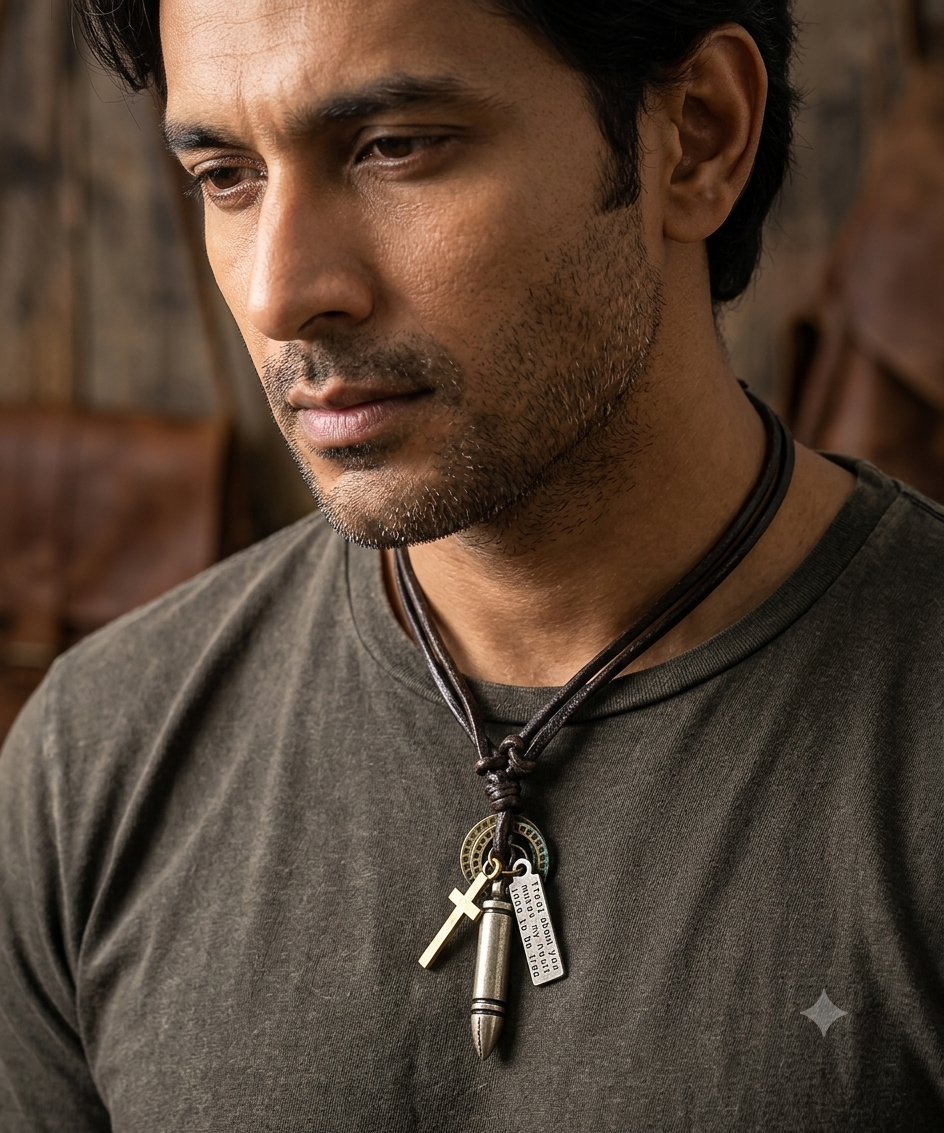 Black Leather String Bullet Pendant Necklace