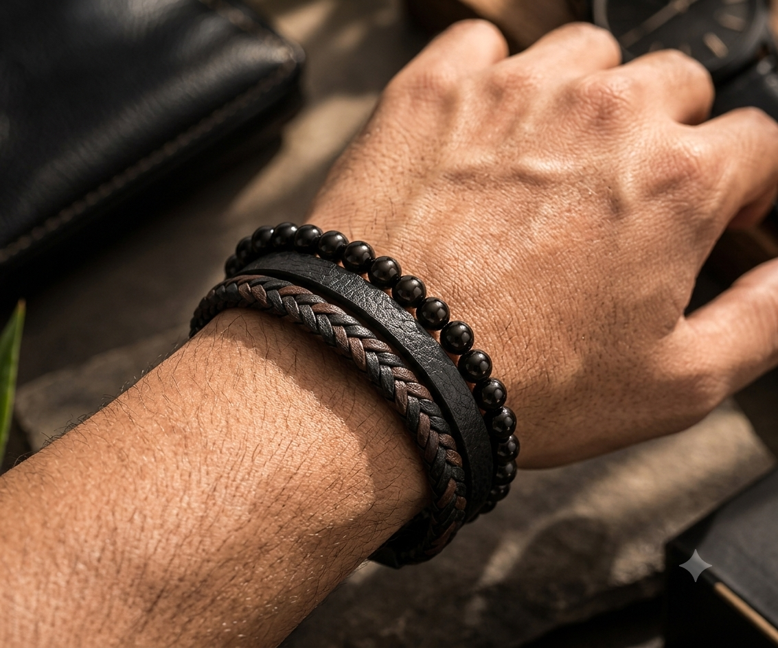 Black Multi-Layer Braided Leather & Beaded Bracelet
