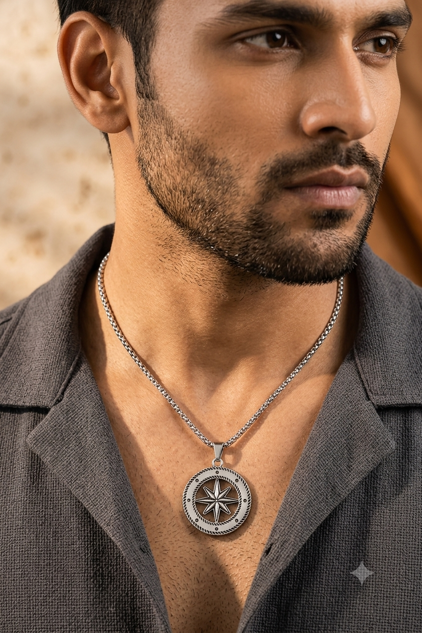 Silver Compass Star Pendant Necklace