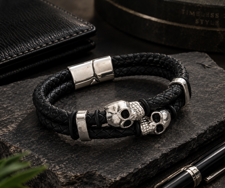 Black Braided Leather Skull Charm Bracelet