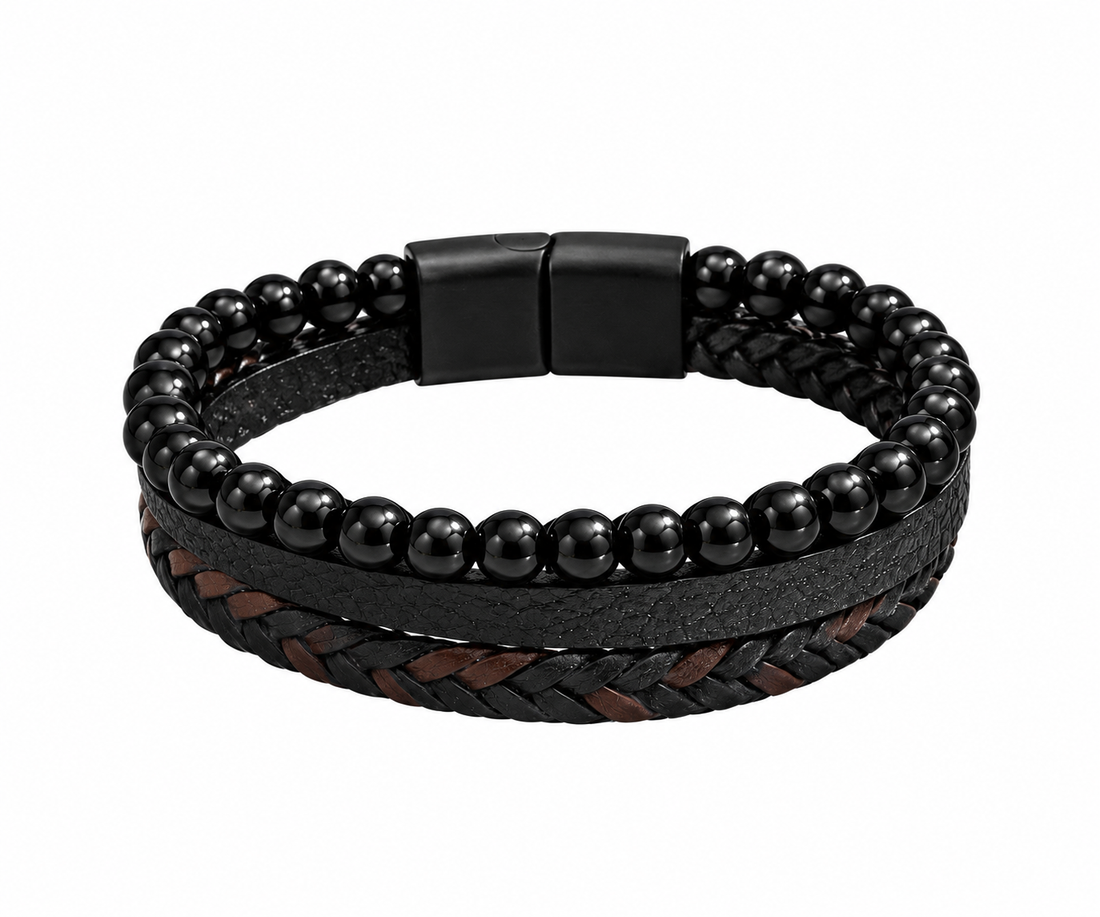 Black Multi-Layer Braided Leather & Beaded Bracelet