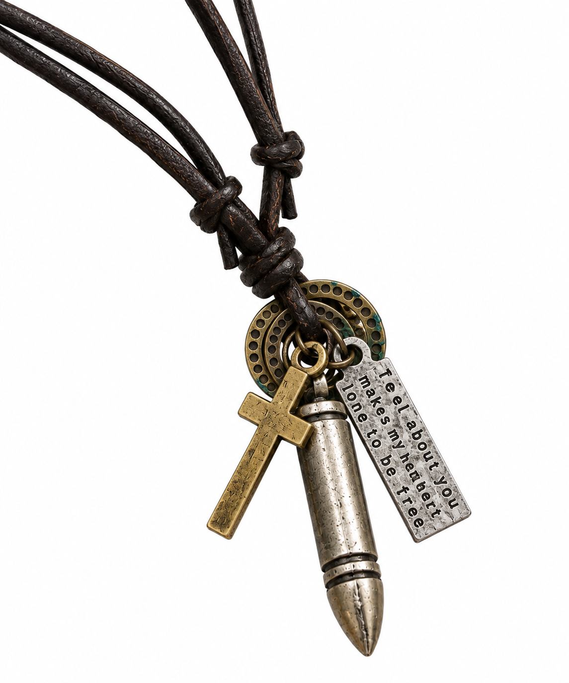 Black Leather String Bullet Pendant Necklace