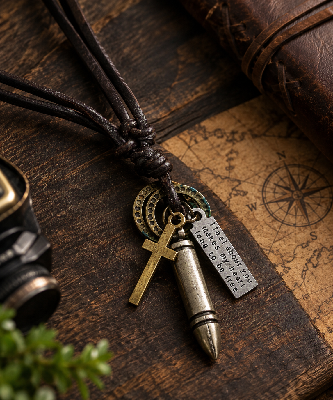 Black Leather String Bullet Pendant Necklace
