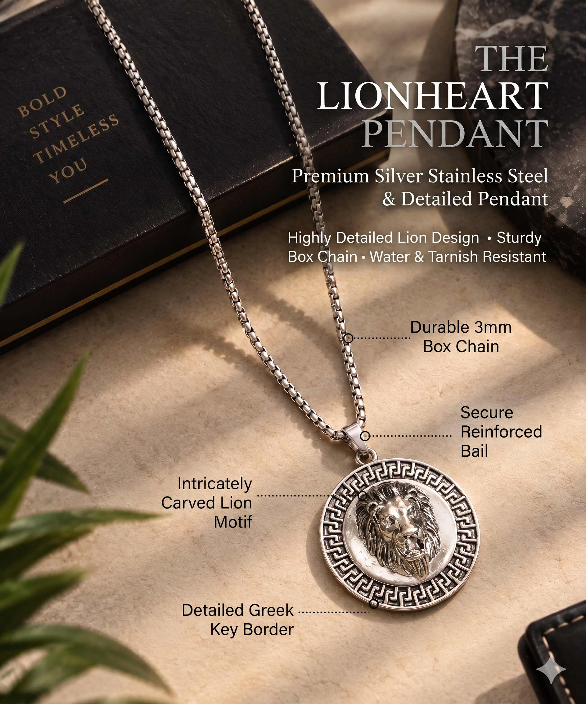 Silver Lion Medallion Pendant Necklace
