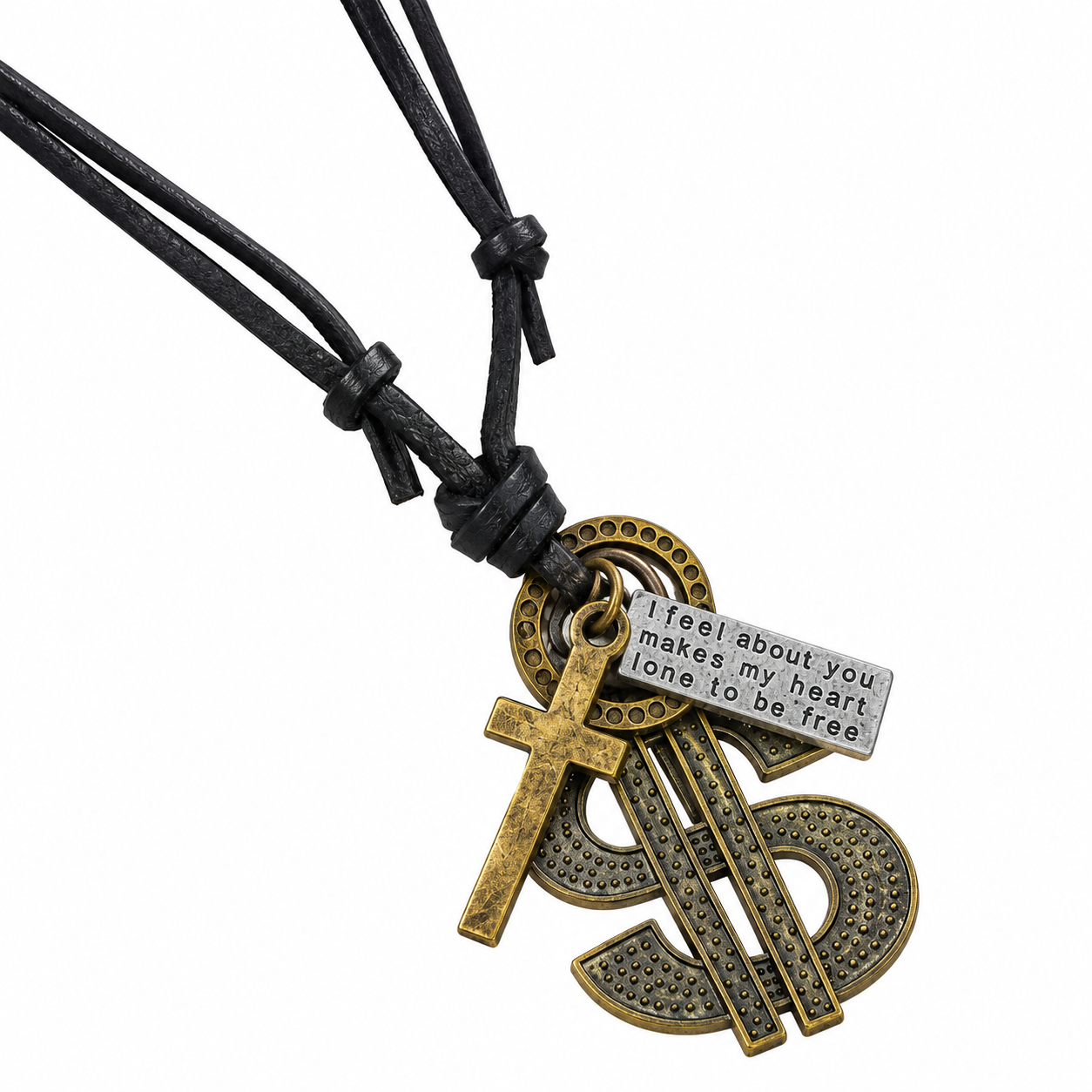 Black Leather String Dollar Sign Pendant Necklace