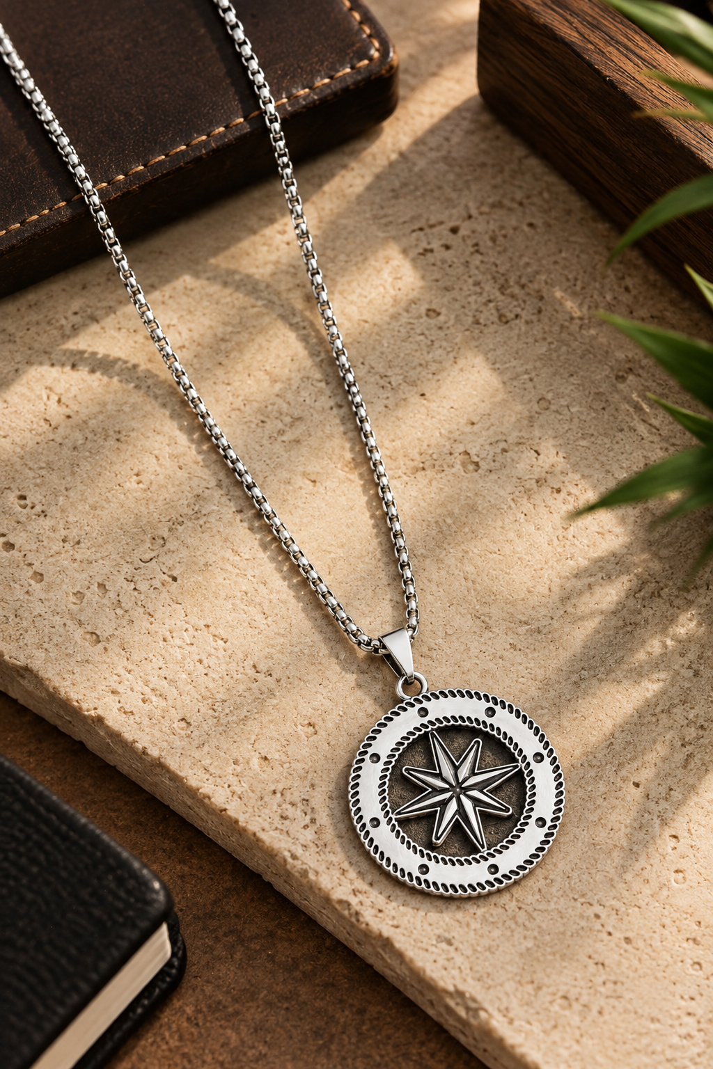 Silver Compass Star Pendant Necklace