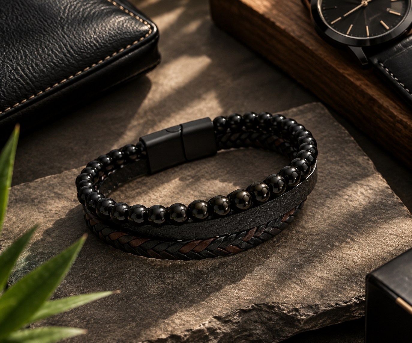 Black Multi-Layer Braided Leather & Beaded Bracelet