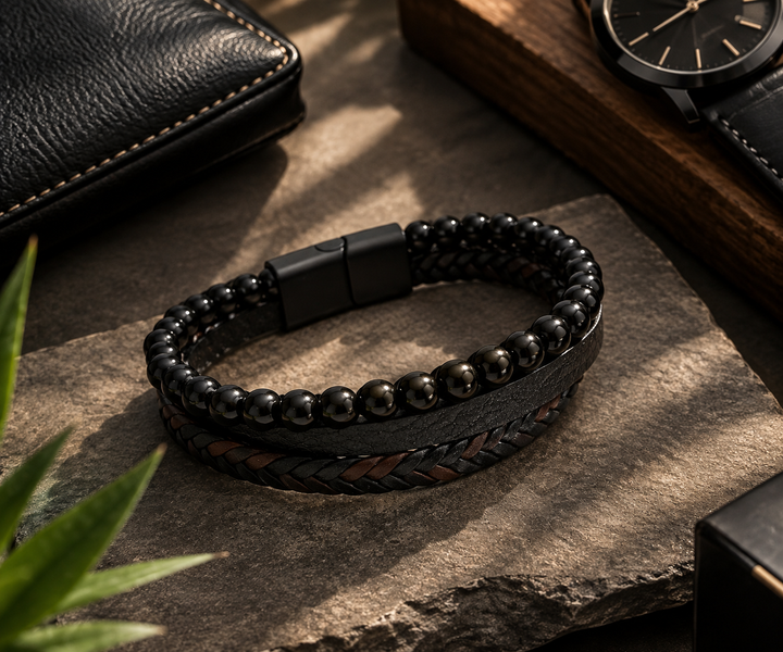 Black Multi-Layer Braided Leather & Beaded Bracelet