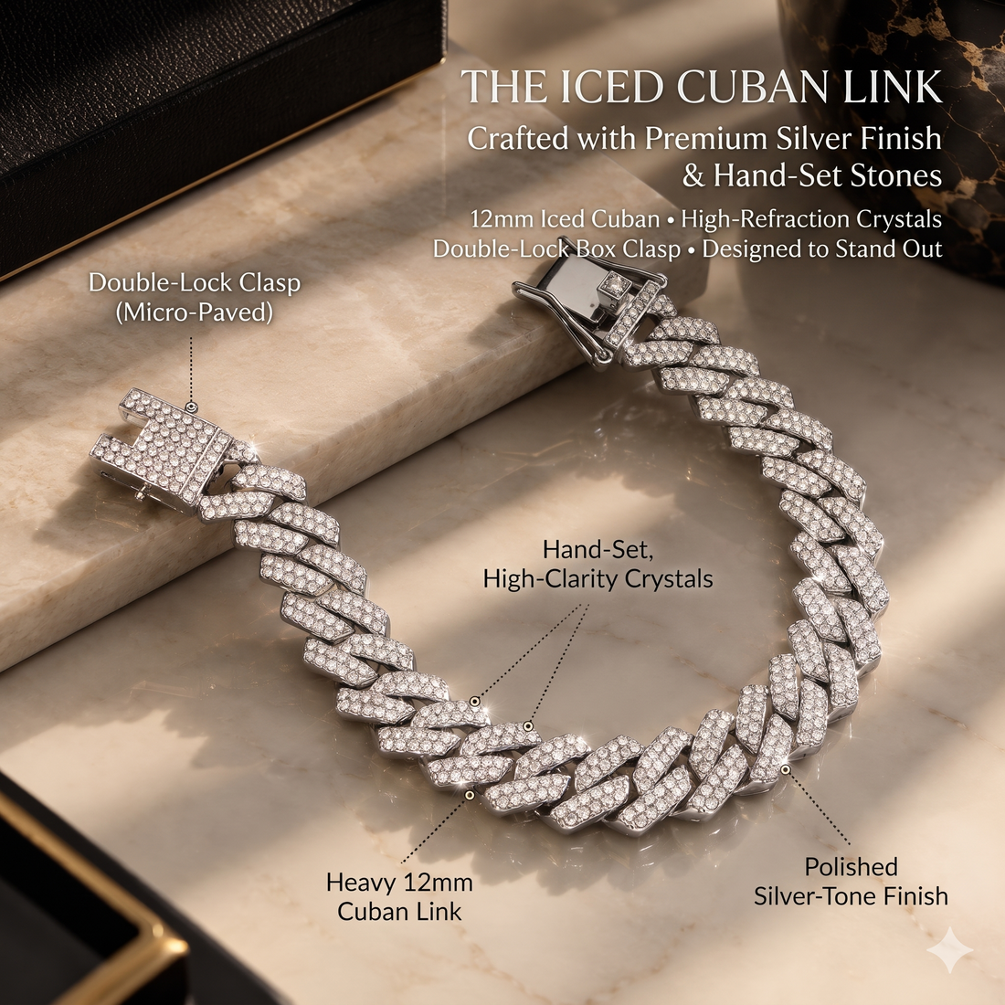 Premium Silver Iced-Out Cuban Link Bracelet