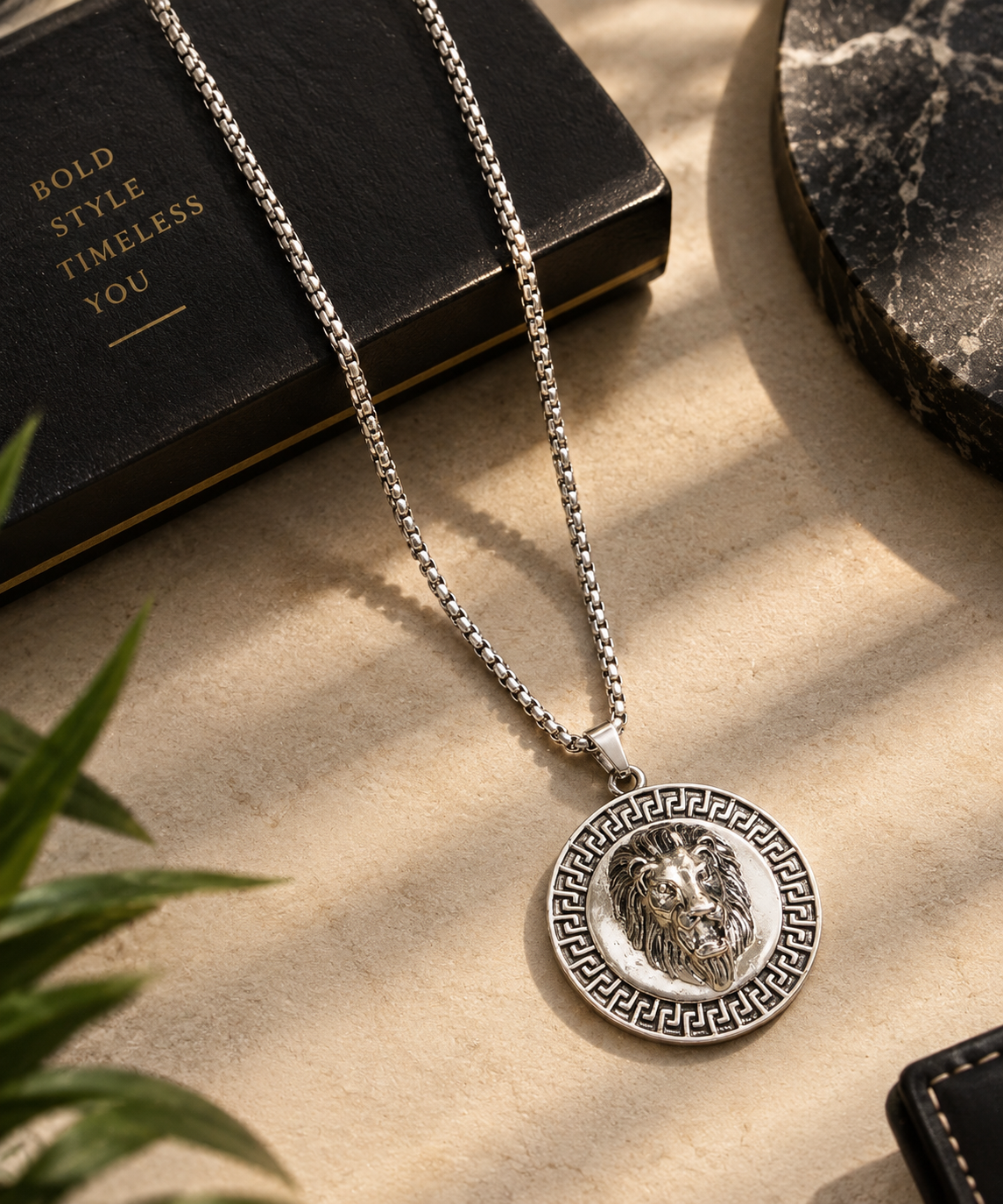 Silver Lion Medallion Pendant Necklace