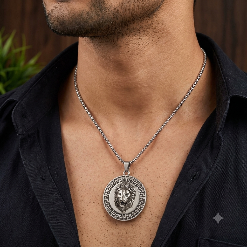 Silver Lion Medallion Pendant Necklace