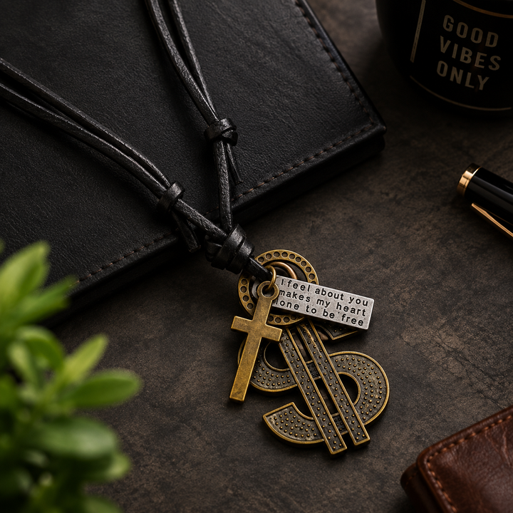Black Leather String Dollar Sign Pendant Necklace
