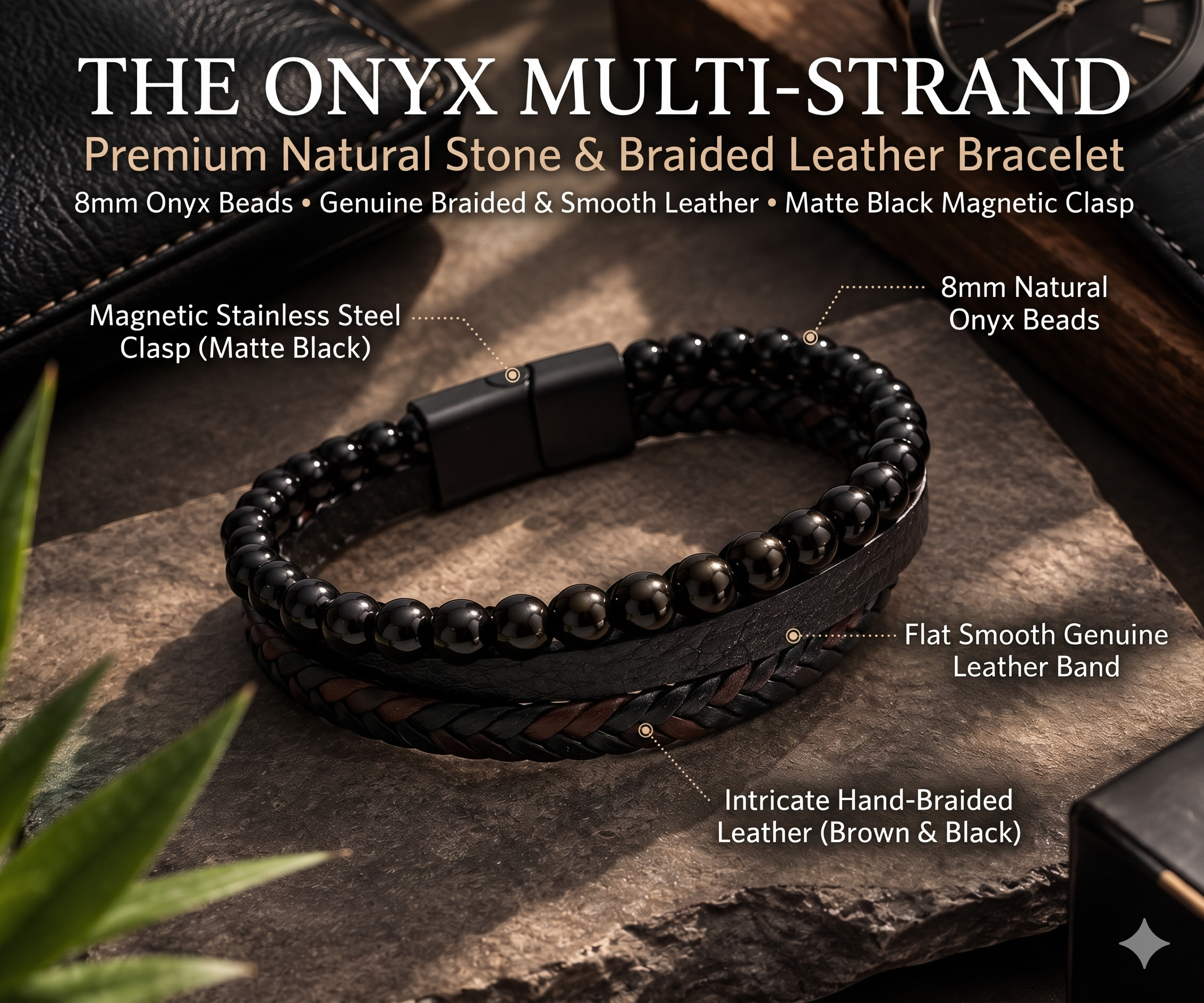 Black Multi-Layer Braided Leather & Beaded Bracelet
