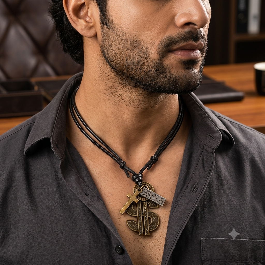 Black Leather String Dollar Sign Pendant Necklace