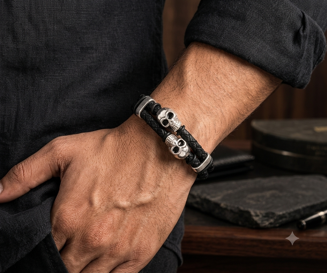 Black Braided Leather Skull Charm Bracelet